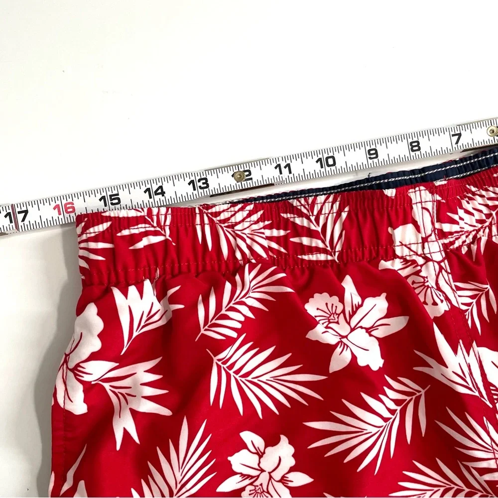 Lands’ End Men’s Red Palm Swim Trunks 9” Inseam Swim Shorts Medium Size 32-34